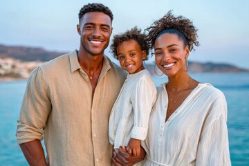 Obraz premium Happy mixed-race family portrait at the beach: smiling parents and child enjoying a seaside vacation