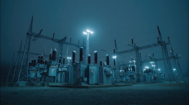 Electrical substation with numerous transformers and high voltage equipment distributing power across the grid, illuminated by industrial lights in the misty night
