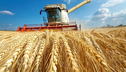 Fototapeta premium Combine Harvester Gleaning A Field Full Of Ripe Wheat Under A Bright August Sunlit Sky