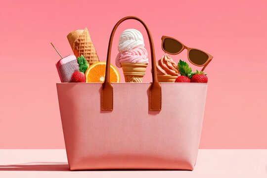 Pink pastel beach bag filled with ice cream, fruit and sunglasses for summer fashion