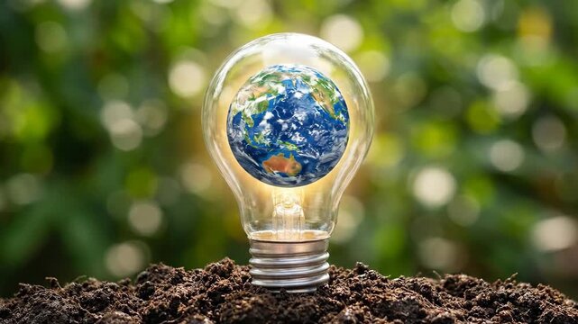 Solar Renewable Energy Environmental Conservation Sustainability Ecology Light Bulb Earth Globe Soil. Sustainable green energy business responsibility, innovation, future environmental ethics