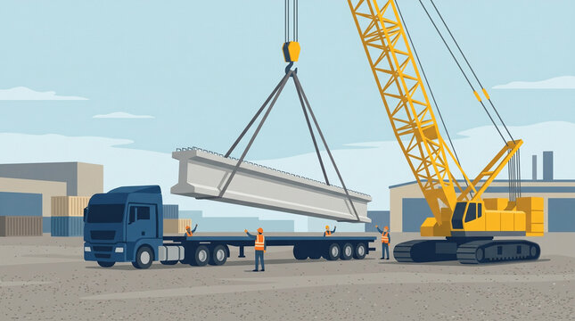 Heavy industrial crane unloads concrete beam from large truck, concept of oversized cargo transportation, logistics and infrastructure construction site