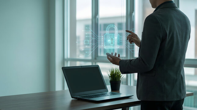 Business professional interacting with a digital lock icon beside a laptop near a window. Concept of access control, cybersecurity, and secure workplace systems