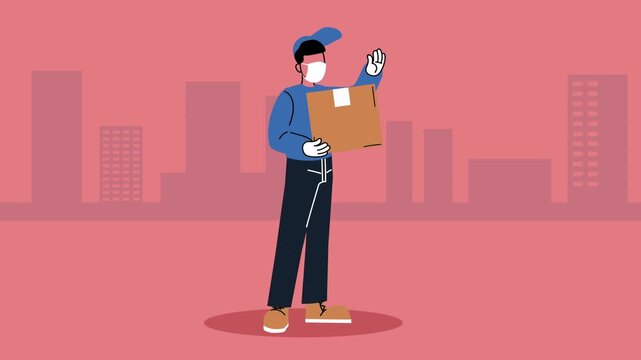 Delivery worker wearing face mask holding package cardboard box in city motion graphics.