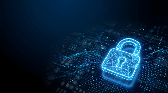 A bright padlock icon hovers over a blue circuit network background. Cybersecurity, data protection, and secure access concept for digital infrastructure