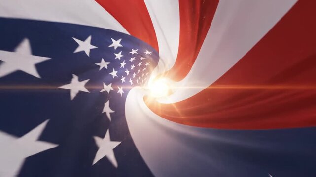 Abstract swirling tunnel vortex made of American flag colors and stars, symbolizing patriotism, journey, and national pride, dynamic motion effect