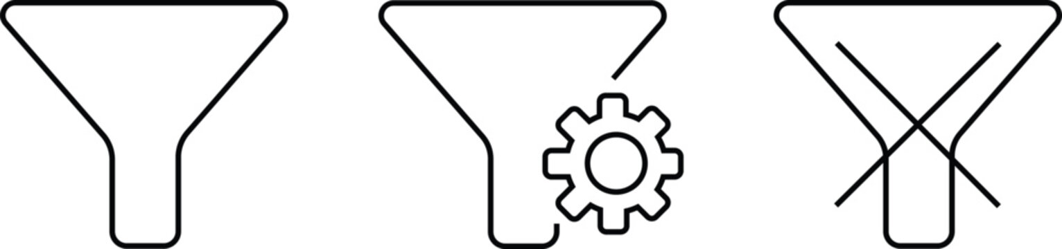 Set of three linear funnel icons for data filtering interface. Simple outline editable stroke packs. Vector illustration