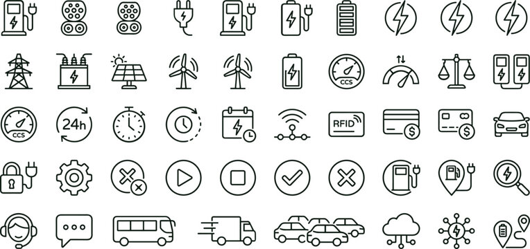 Electric vehicle charging infrastructure line icon set for smart mobility dashboard ui energy monitoring and station management