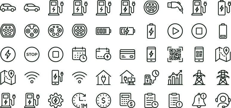 Electric vehicle charging station line icon set for smart energy dashboard ui payment monitoring and mobility management interface