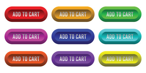 A collection of nine distinct buttons with the text 'add to cart' in various colors such as red orange yellow green blue purple designed for, colorful © Iconea