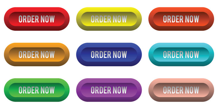 A collection of nine colorful order now button graphics with rounded edges and bold white text colorful background collection clickable interface