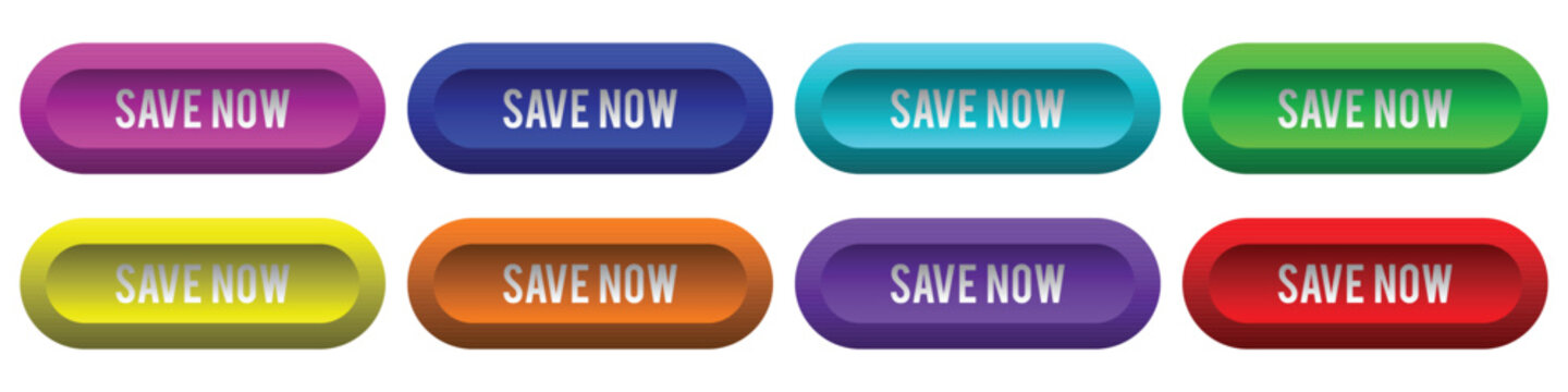 A set of eight colorful buttons with rounded corners and the text 'save now' in white arranged in two rows of four each button in a different color