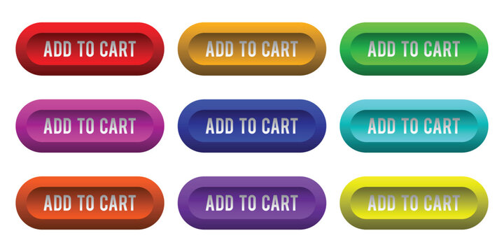 A collection of nine distinct buttons with the text 'add to cart' in various colors such as red orange yellow green blue purple designed for, colorful