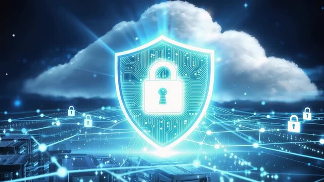 Futuristic concept of cloud computing and data storage protected by a glowing digital security shield with a padlock, representing cybersecurity, data privacy, and information protection