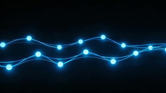 Blue light particles and waves on black background