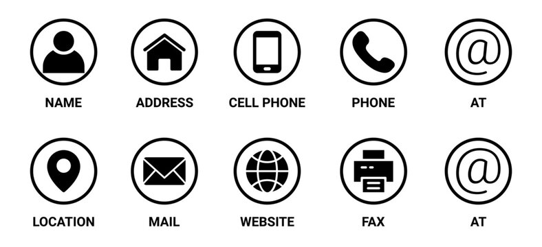 Outline contact information icons set represents common communication methods for business featuring name, location, cell phone, phone, email, address, website, and fax.