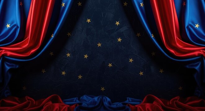 Independence day celebration background with red white and blue curtains and gold stars