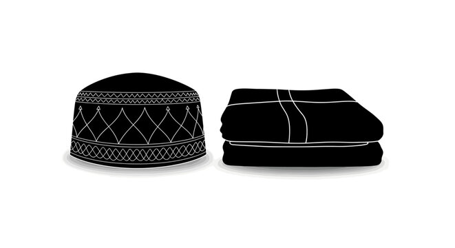 Traditional Middle Eastern headscarf, folded black prayer cap and shawl, Islamic clothing set, cultural textile