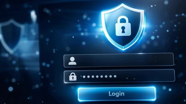 Digital technology login screen with username and password fields for authentication, showing a concept of internet security, data protection, and secure network access with a padlock shield icon