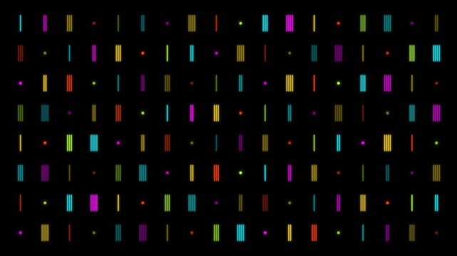 Vibrant dots and lines patterns on black background animation 