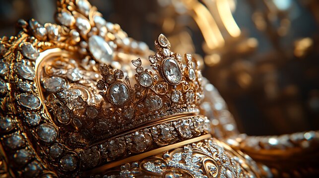 Detailed close up of a stunningly opulent crown with golden filigree