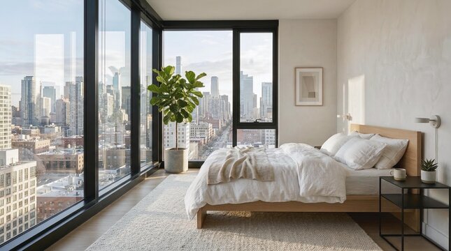 Modern Minimalist Bedroom Featuring Large Windows With City Skyline View And Potted Fiddle Leaf Fig