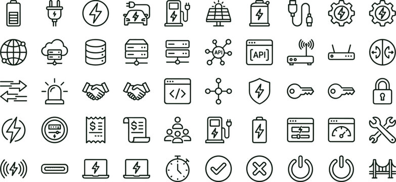 Smart charging and energy infrastructure line icon set for electric vehicle dashboard ui connectivity and power management