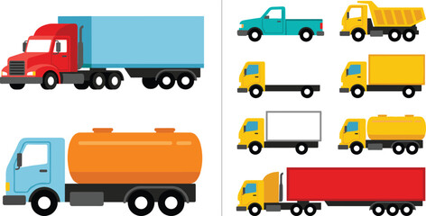 Flat vector illustration set of diverse commercial transport vehicles including heavy semi trailers fuel tankers dump trucks and pickup trucks for logistics graphic design projects © MSTFarjana