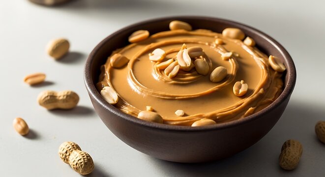 Creamy peanut butter in a black bowl with roasted peanuts scattered around on a light grey surface. burro arachidi