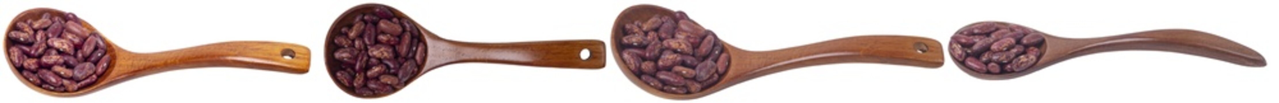 Isolated red beans in a wooden spoon on a white background, side view	
