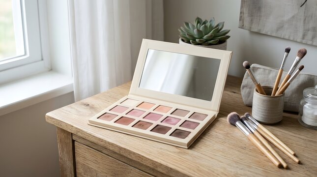 A makeup palette rests open on a wooden table. Brushes sit in a holder beside it, and a potted plant is visible near the window. Natural light fills the room, creating a warm atmosphere