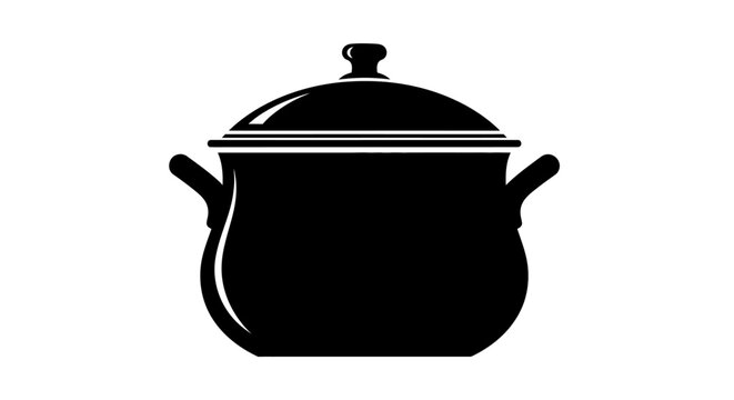 Black pot with lid, cooking vessel, kitchenware icon, culinary symbol, vector illustration