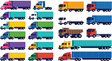 Flat vector illustration collection of colorful heavy commercial transport vehicles including cargo semi trailers box trucks and dump trucks for logistics graphic design. © MSTFarjana