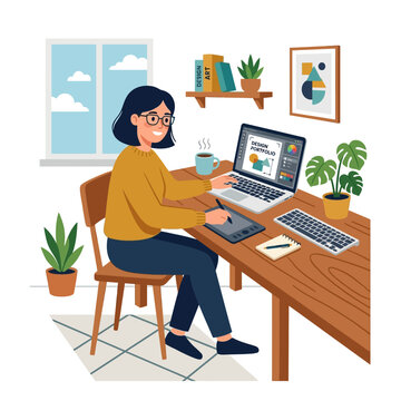 Young woman working on a laptop and drawing tablet at her desk, illustrating a creative workspace at home