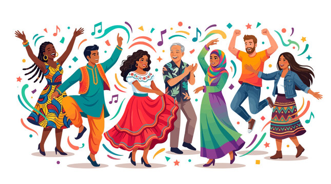 A diverse group of people celebrating World Cultural Diversity Day with dancing and joyful expressions, illustrated in a vibrant vector design against a clean white background, promoting