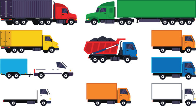 Flat vector illustration set of colorful commercial transport vehicles including cargo semi trailers box delivery vans dump truck and flatbed for logistics graphic design