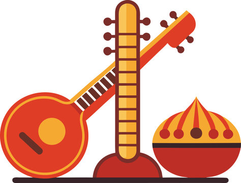 Indian sitar and tabla musical instruments vector illustration