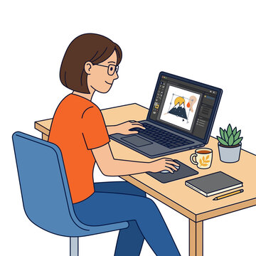 Woman sitting at desk working on laptop and using a computer mouse, illustrating a design project