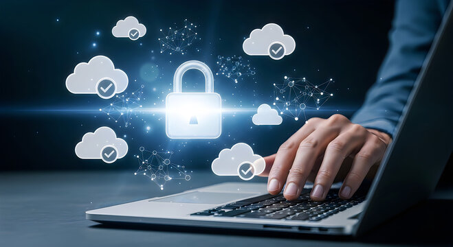 Person typing on laptop with cloud security padlock