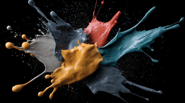Explodierende Farbspritzer vor schwarzem Hintergrund &ndash; dynamische abstrakte Komposition mit fl&uuml;ssiger Bewegung und kr&auml;ftigen Farben. Kreatives Artwork mit viel copyspace und copy space.