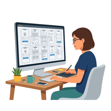 Focused female designer meticulously crafting intuitive user interfaces and experiences for digital products and mobile applications on a computer screen