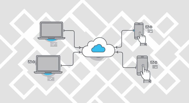 Infographic illustration of a cloud computing concept with devices connected to a central cloud icon on a geometric patterned background.
