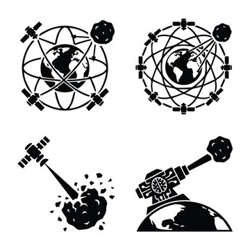 Space and global satellite network glyph icon set with satellite, asteroid