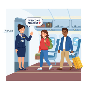 Air Travel Experience Friendly Flight Attendant Welcomes Diverse Passengers Boarding a Modern Airplane, Showcasing Professional Hospitality and the Start of a Journey