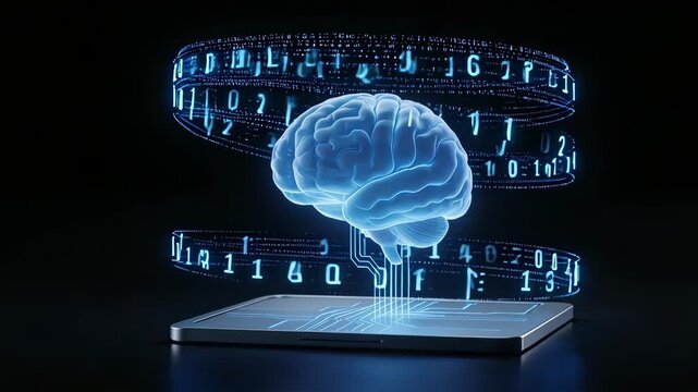 Blue brain with binary code on tablet
