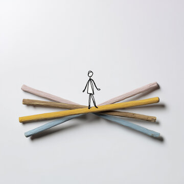 Minimalistische Konzeptszene mit Strichfigur auf gekreuzten Buntstiften &ndash; Symbol f&uuml;r Balance, Kreativit&auml;t, Entscheidung und Unsicherheit. Modernes Motiv mit viel copyspace und copy space.