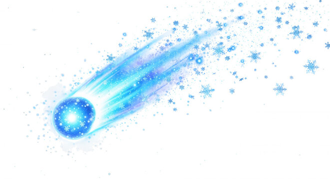 A glowing blue comet with a trailing tail of sparkling snowflakes and light particles against a deep black background, winter holiday theme