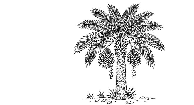 Date palm fruit plant coloring page with detailed leaves and dates in clean vector line art