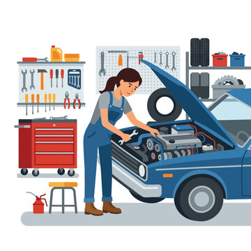 Professional female mechanic meticulously works on a car's engine, performing essential maintenance and repair tasks in a modern auto service garage environment