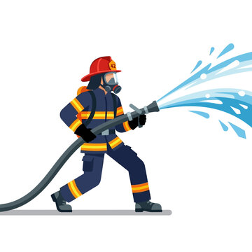 Firefighter in uniform with mask and helmet spraying water from a hose to extinguish a fire, emergency service professional at work
